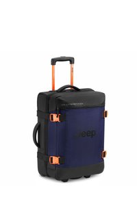 Bagaglio Jeep con una parte superiore nera e durevole, corpo blu navy, accessori arancioni e dettagli testurizzati. Dotato di manico retrattile e manico laterale.