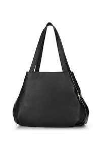Borsa a spalla in pelle nera con superficie texturizzata, ampie tracolle e design spazioso. Presenta un sottile dettaglio di cucitura sul lato.