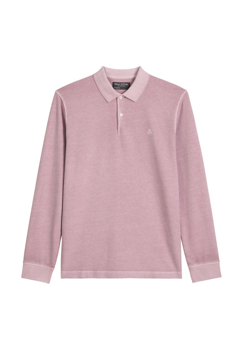 Koszula polo z długim rękawem w jasnoróżowym kolorze, wykonana z miękkiego materiału. Posiada klasyczny kołnierz, trzy guziki oraz małe haftowane logo na piersi.