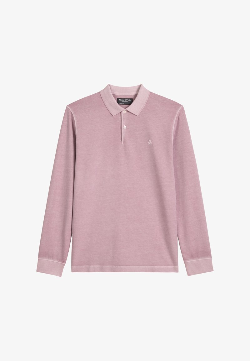 Koszula polo z długim rękawem w jasnoróżowym kolorze, wykonana z miękkiego materiału. Posiada klasyczny kołnierz, trzy guziki oraz małe haftowane logo na piersi.