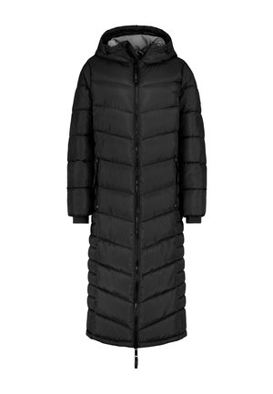 Langer schwarzer Puffer-Caban mit Kapuze, verfügt über horizontale Steppung, einen durchgehenden Reißverschluss und elastische Bündchen für zusätzliche Wärme und Komfort.