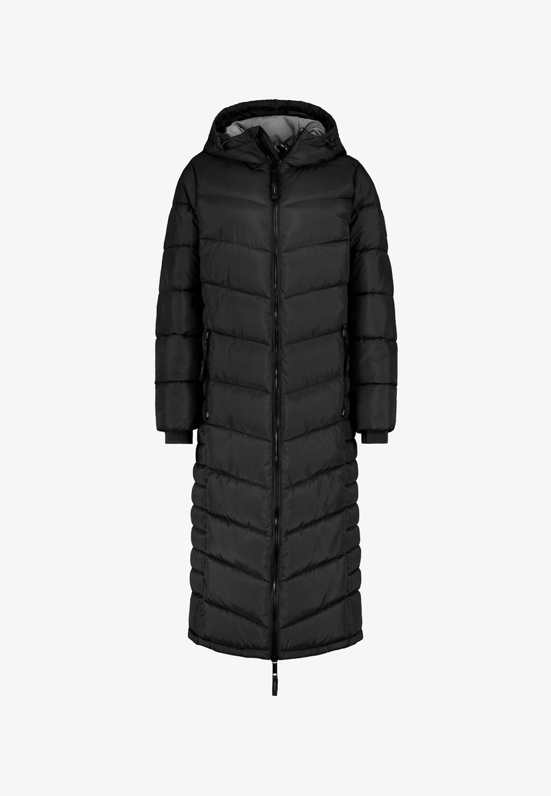 Lange zwarte pufferjas met een capuchon, voorzien van horizontale stitching, een volle rits en elastische manchetten voor extra warmte en comfort.