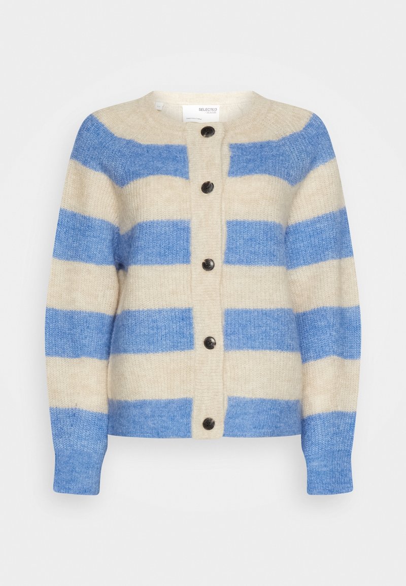 Beige en blauwe wolblend cardigan met horizontale strepen, ronde halslijn en vijf donkere knopen aan de voorkant. Zachte textuur.