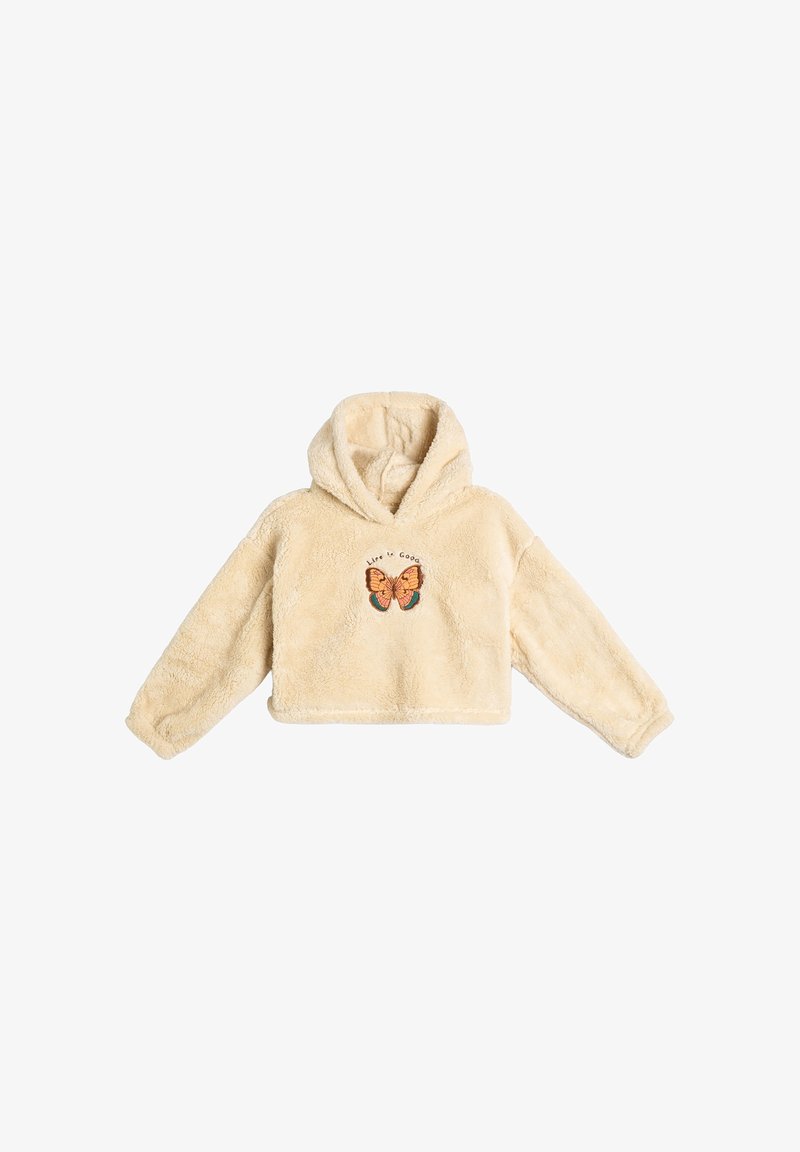 Sudadera cortada en color beige, hecha de suave pelaje sintético, con un gráfico de mariposa y el texto "La vida es buena" en el frente. Mangas largas. Textura acogedora.