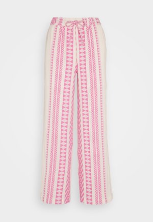 Hose mit weitem Bein in pink-weißer geometrischer Streifenmusterung und einem elastischen Bund mit Bindeband.