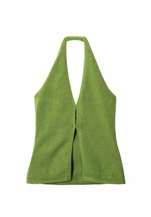 Grünes gestricktes Haltertop mit tiefem V-Ausschnitt und vorderer Schlitz, mit strukturiertem Finish und verstärkten Kanten.