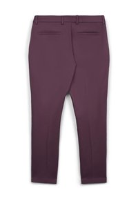 Dunkelviolette Hose im Slim-Fit, mit zwei Gesäßtaschen, glatter Textur und einem sauberen Bund ohne sichtbare Hardware.