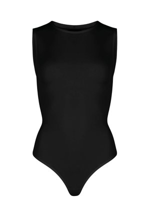 Bodysuit noir sans manches en matériau extensible, présentant un col montant et un design ajusté avec un bas en tanga. Sans motifs ni accessoires.