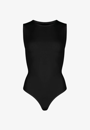 Schwarzer ärmelloser Body aus dehnbarem Material, mit hohem Kragen und figurbetontem Design mit einem Tanga-Unterteil. Keine Muster oder Metallteile.