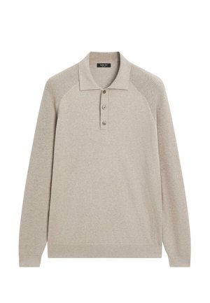 Hellbeiger Polopullover mit langen Ärmeln aus weichem Stoff, mit Kragen, drei Knöpfen und gerippten Details an den Schultern.