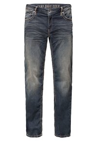 Ciemnoniebieskie dżinsy o spłowiałych miejscach i kontrastowych szwach. Posiadają klasyczny pięcio-kieszeniowy design oraz metalowe elementy ozdobne w okolicy pasa.