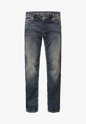 Donkerblauwe denim jeans met vervaagde gebieden en contrasterende stiksels. Beschikt over een klassiek vijf-pocket ontwerp en metalen accenten in de taille.