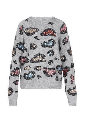 Suéter de punto gris con estampado de leopardo en lentejuelas multicolor. Cuello redondo, mangas largas, diseño corto con dobladillo acanalado.