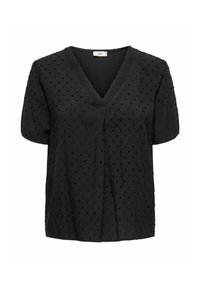 Black short-sleeve blouse with a V-neckline, textured surface featuring raised dots, and scalloped trim around the neck. Soft fabric.