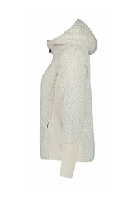 Helle beigefarbene Jacke mit einer strukturierten, gesteppte Kapuze, die ein glattes seitliches Paneel und zwei Fronttaschen aufweist. Reißverschluss mit Akzentnähten.