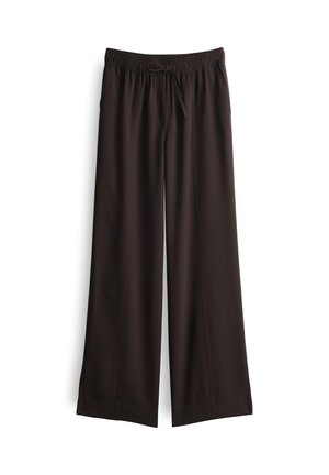 Black wide-leg pants made from a soft, lightweight fabric. Features an elastic waistband with a drawstring for adjustable fit.