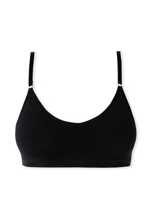 Bralette noire avec des bretelles minces réglables, texture lisse et sans armatures. Présente un design simple et épuré sans rembourrage.