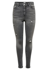 Jeans skinny de talle alto en gris con parches desgastados en los muslos y las rodillas, cuentan con cierre de botón y cremallera, así como bolsillos frontales.