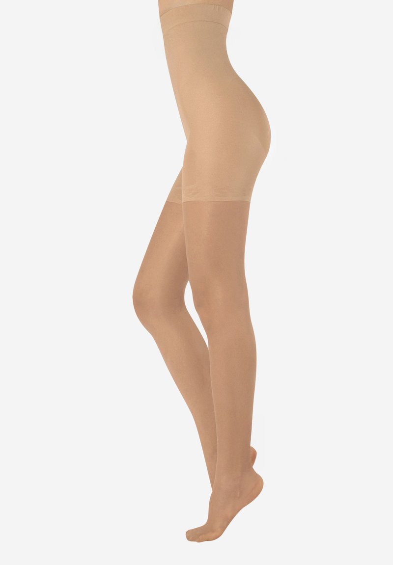 Collant beige traslucido con una texture liscia, vita alta e punta rinforzata, caratterizzati da una distribuzione uniforme del colore senza motivi o accenti.