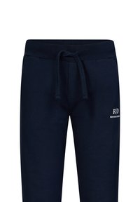 Marineblaue Sweatpants aus einer weichen Baumwollmischung, mit einem Kordelzugbund, seitlichen Taschen und einem weißen Logo, das auf dem Oberschenkel aufgedruckt ist.