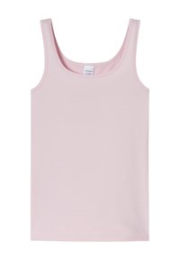 Light pink tank top with a scoop neckline, made of soft cotton, featuring narrow straps and a smooth, even texture.