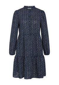 Navy dress with long sleeves, buttoned neckline, tiered skirt, and a floral pattern featuring pink and white accents on a dark background.