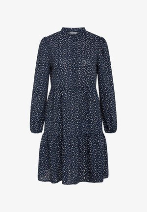 Abito navy con maniche lunghe, scollatura con bottoni, gonna a strati e motivo floreale con accenti rosa e bianchi su uno sfondo scuro.