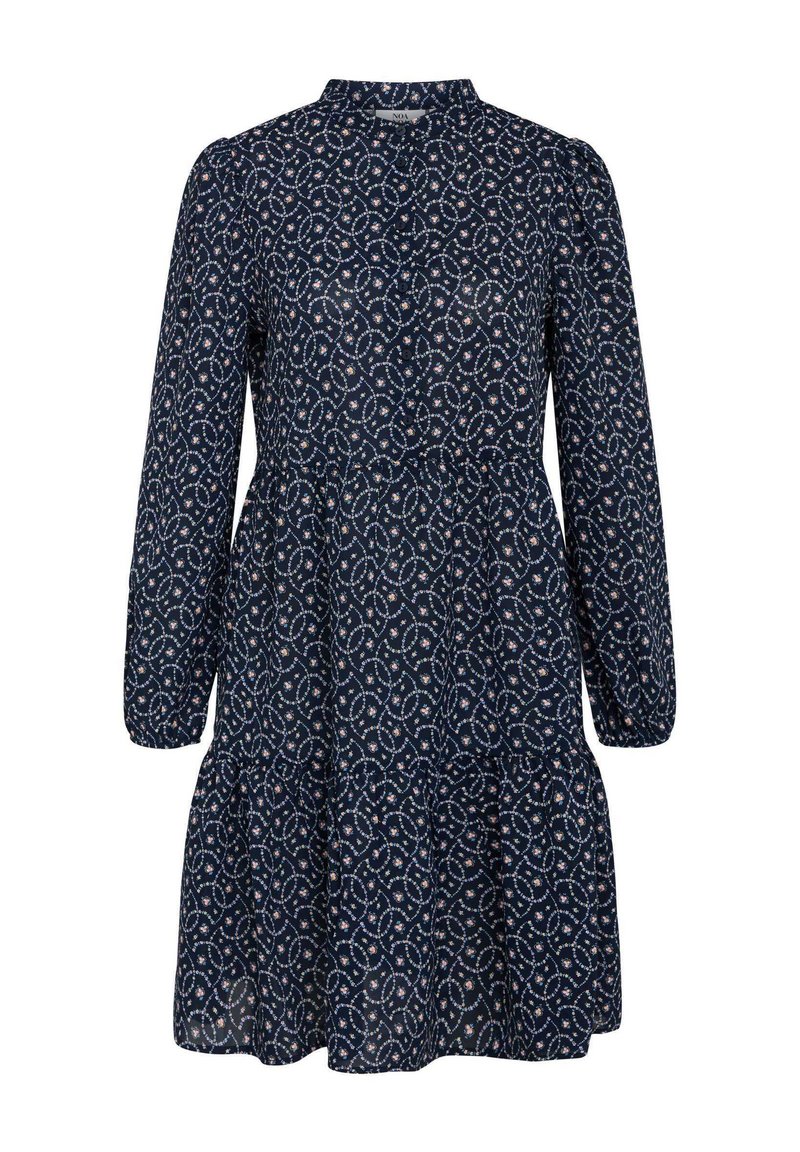 Navy dress with long sleeves, buttoned neckline, tiered skirt, and a floral pattern featuring pink and white accents on a dark background.