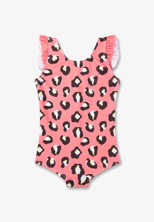 Rosa Badeanzug mit Leopardenmuster, der mit schwarz-weißen Punkten verziert ist, und Rüschenträgern. Hergestellt aus elastischem, glattem Stoff.