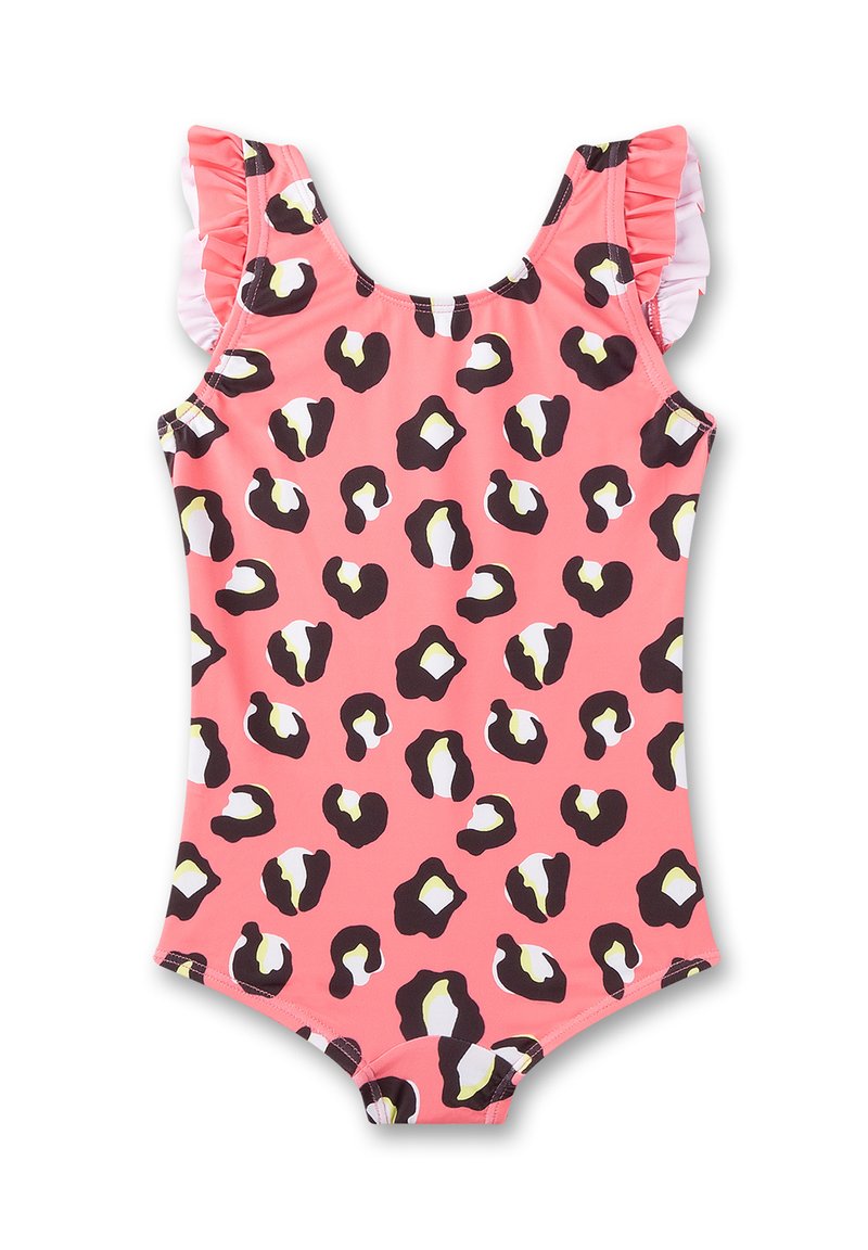 Rosa Badeanzug mit Leopardenmuster, der mit schwarz-weißen Punkten verziert ist, und Rüschenträgern. Hergestellt aus elastischem, glattem Stoff.