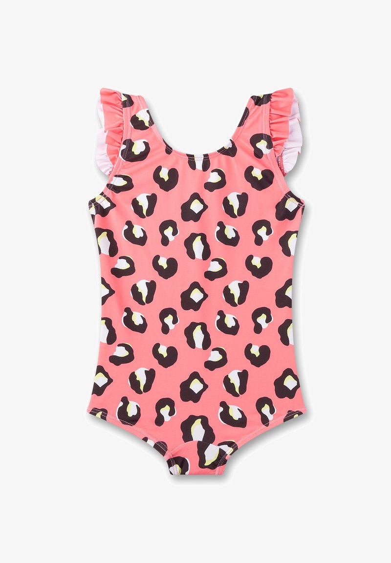 Rosa Badeanzug mit Leopardenmuster, der mit schwarz-weißen Punkten verziert ist, und Rüschenträgern. Hergestellt aus elastischem, glattem Stoff.