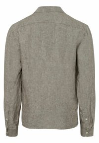 Camicia grigia di lino a maniche lunghe con colletto, dotata di bottoni sui polsini e un tessuto testurizzato e traspirante. Vista posteriore mostrata.
