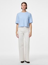 Světlomodrý žebrovaný krátký svetr s krátkými rukávy, kombinovaný s bíle širokými kalhotami s vysokým pasem a tmavými botami. Jednoduchý, moderní design.