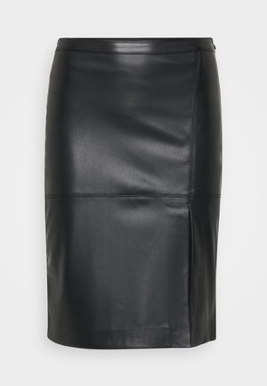 Black leather pencil skirt with smooth texture, tailored design, back slit detail, and neat stitching along the seams.