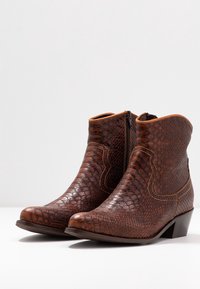 Botas de tobillo marrones con patrón de reptil texturizado, cremallera lateral, tacón bajo y costura decorativa, sobre un fondo blanco liso.