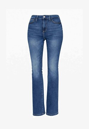 Jeans blu a vita alta con design a gamba dritta, realizzati in denim. Presentano sfumature leggere e dettagli di cuciture su tasche e cuciture.