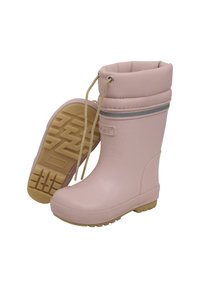 Rosa vattentäta gummistövlar med rund tå, texturerad sula, justerbar dragsko och vadderad övre kant. Har ett grått accentband.