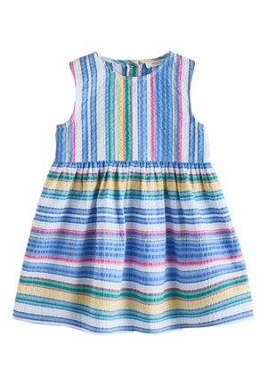 Ærmeløs kjole til småbørn med elastisk talje, med lodrette og vandrette striber i blå, pink, gul, grøn og hvid tekstureret stof.