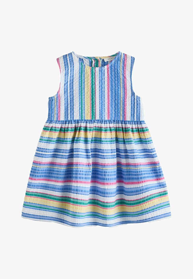 Robe sans manches pour tout-petit avec taille froncée, présentant des rayures verticales et horizontales dans un tissu texturé bleu, rose, jaune, vert et blanc.