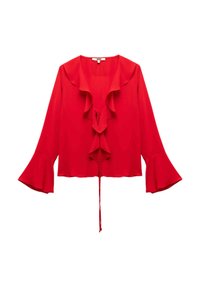 Blouse rouge avec un devant froncé, des manches évasées et un détail à nouer au niveau du cou, réalisée dans un tissu léger et lisse.