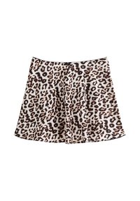 A-linjeformad kjol i leopardmönster med en liten svart rosett vid midjan, presenterad mot en vit bakgrund.