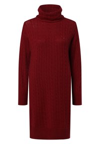 Abito maglione rosso con collo alto, caratterizzato da un motivo a treccia e polsini e orlo a costine. Maniche lunghe e vestibilità comoda.