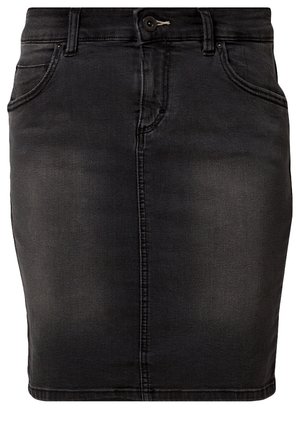 Sort denim blyantskørt med knapper og lynlås foran, lommer foran og bagpå samt diskrete, falmede detaljer.