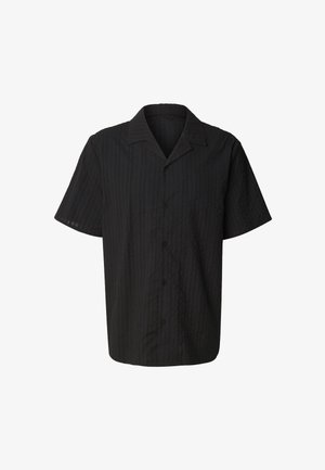 Lühikeste varrukatega nööpidega särk ühtlases mustas toonis, millel on peen tekstuuriline muster, klassikaline krae ja sirge äärega.