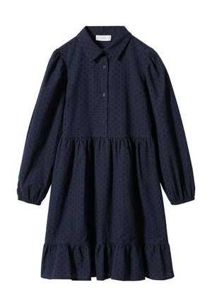Marineblå langærmet kjole med små teksturerede prikker, knapper foran, indsnævret talje og flæsekanter nederst.