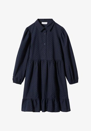 Robe bleu marine à manches longues avec petits pois texturés, devant boutonné, taille cintrée et ourlet à volants.