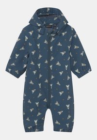 Blauer Kapuzenbaby-Overall mit Frontreißverschluss, geschmückt mit weißen und gelben Raketen- und Sternmustern.