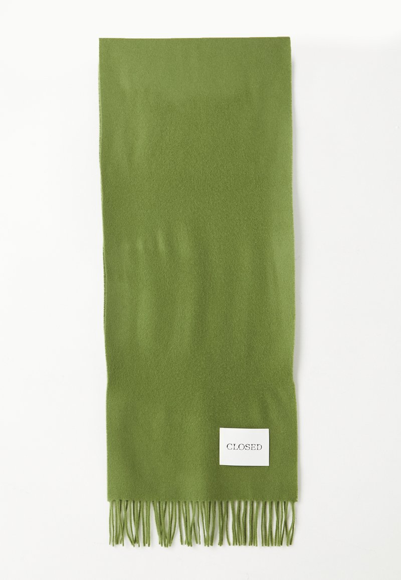 Green scarf made of soft material, features fringed ends, and a rectangular shape. Includes a label with the word "CLOSED."