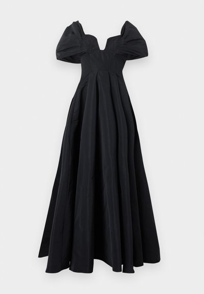 Μαύρο φόρεμα μέχρι το πάτωμα με φουσκωτά κοντά μανίκια και βαθύ V-λαιμόκοψη, με εφαρμοστό μπούστο και ρευστή, ολόκληρη φούστα.