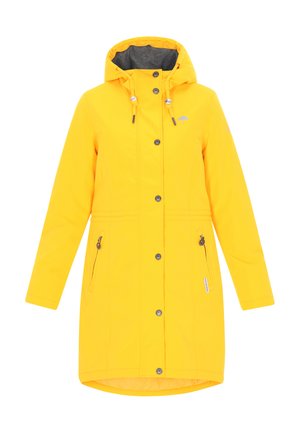 Impermeabile giallo con cappuccio, chiusura frontale a bottoni, due tasche laterali con zip e dettagli con cordino elastico. Texture liscia.
